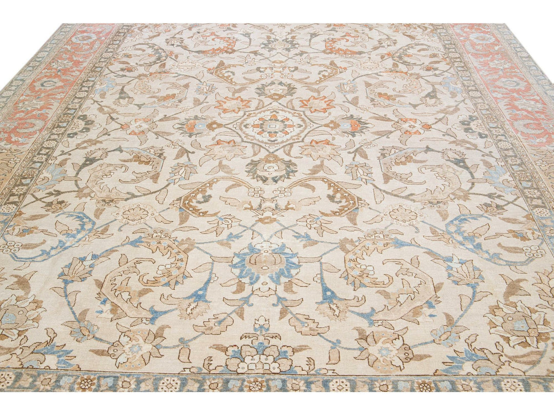 Beige Antique Persian Tabriz Handmade Medallion Floral Motif Wool Rug