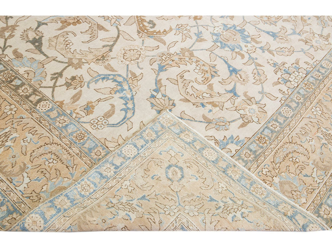 Beige Antique Persian Tabriz Handmade Medallion Floral Motif Wool Rug