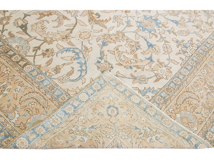 Beige Antique Persian Tabriz Handmade Medallion Floral Motif Wool Rug