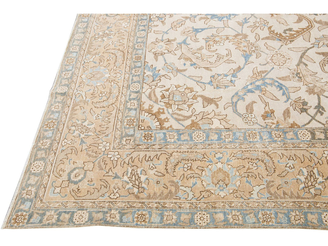 Beige Antique Persian Tabriz Handmade Medallion Floral Motif Wool Rug