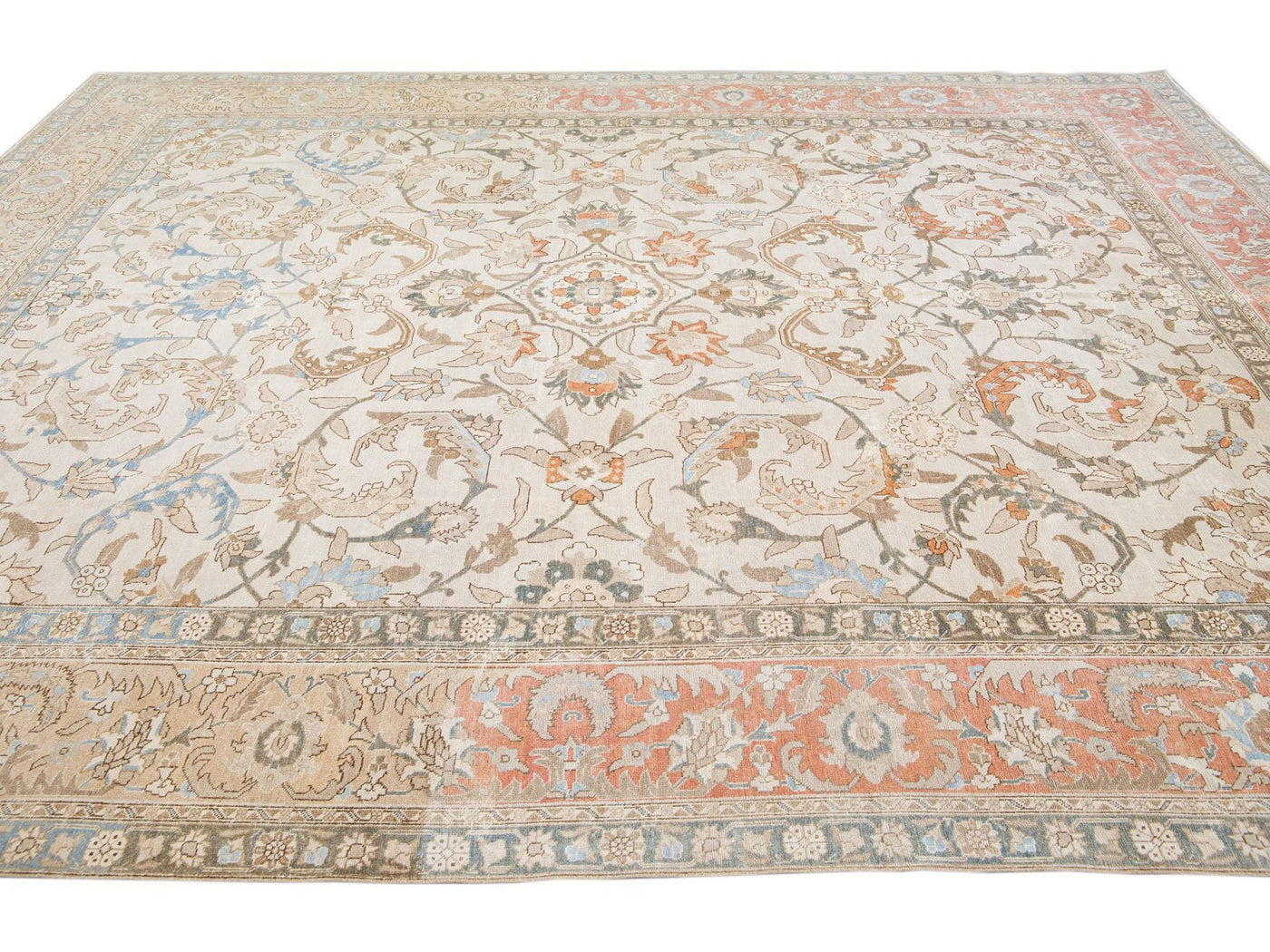 Beige Antique Persian Tabriz Handmade Medallion Floral Motif Wool Rug