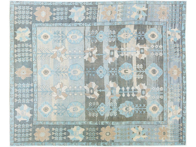 Blue And Gray Vintage Turkish Oushak Handmade Floral Pattern Wool Rug