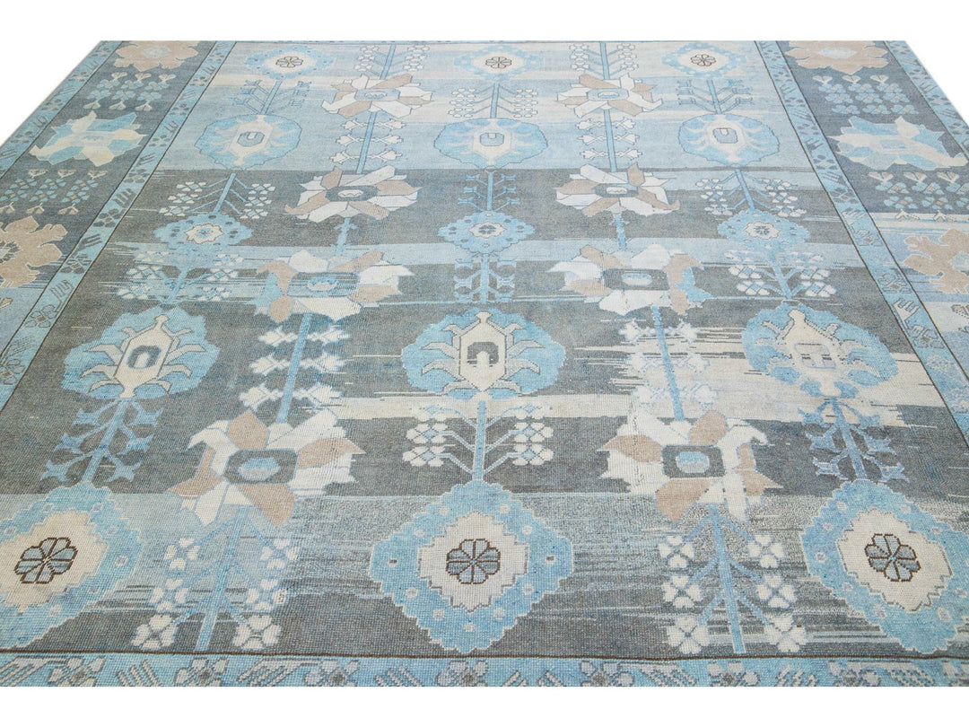 Blue And Gray Vintage Turkish Oushak Handmade Floral Pattern Wool Rug