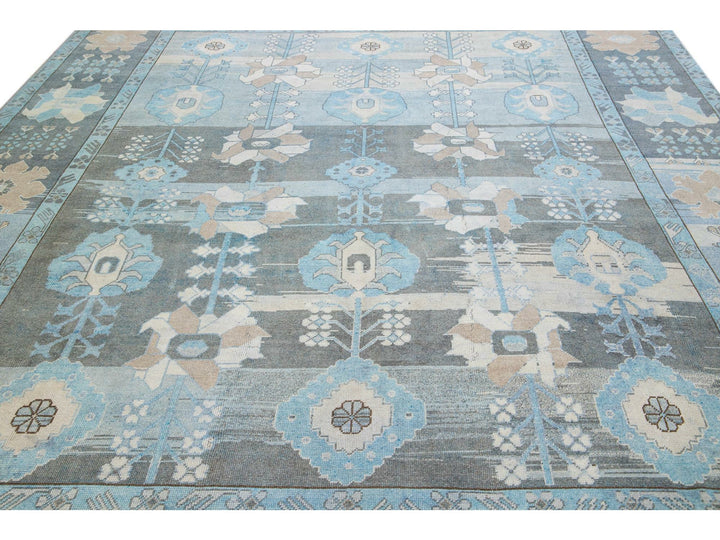 Blue And Gray Vintage Turkish Oushak Handmade Floral Pattern Wool Rug