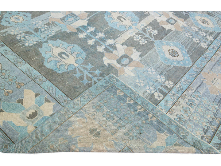 Blue And Gray Vintage Turkish Oushak Handmade Floral Pattern Wool Rug