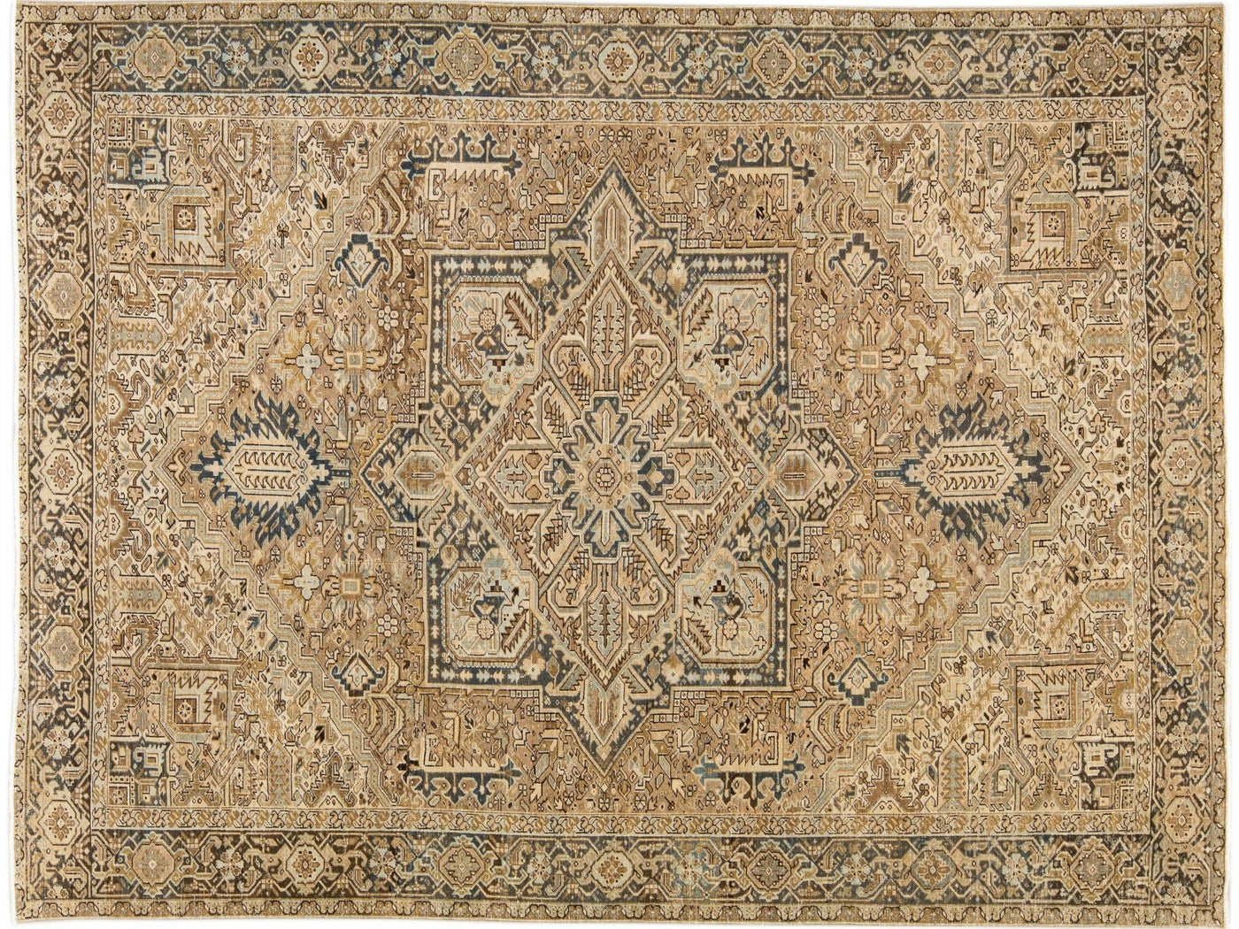 Antique Persian Heriz Handmade Geometric Beige And Blue Wool Rug