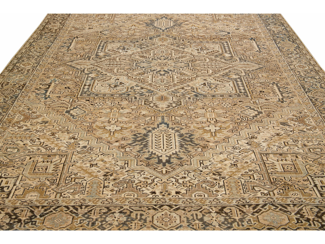 Antique Persian Heriz Handmade Geometric Beige And Blue Wool Rug