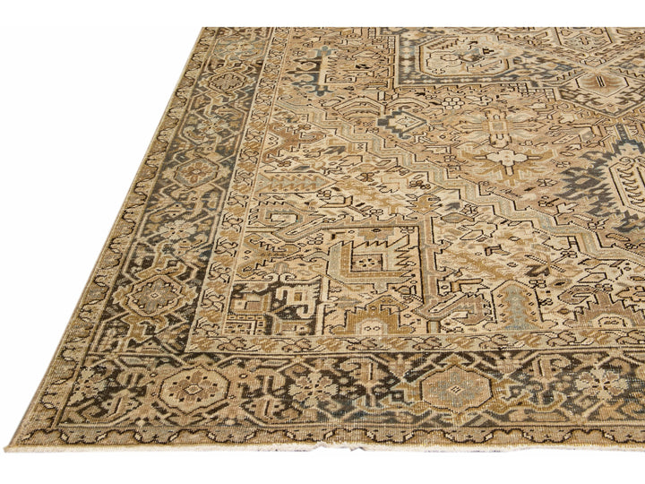 Antique Persian Heriz Handmade Geometric Beige And Blue Wool Rug