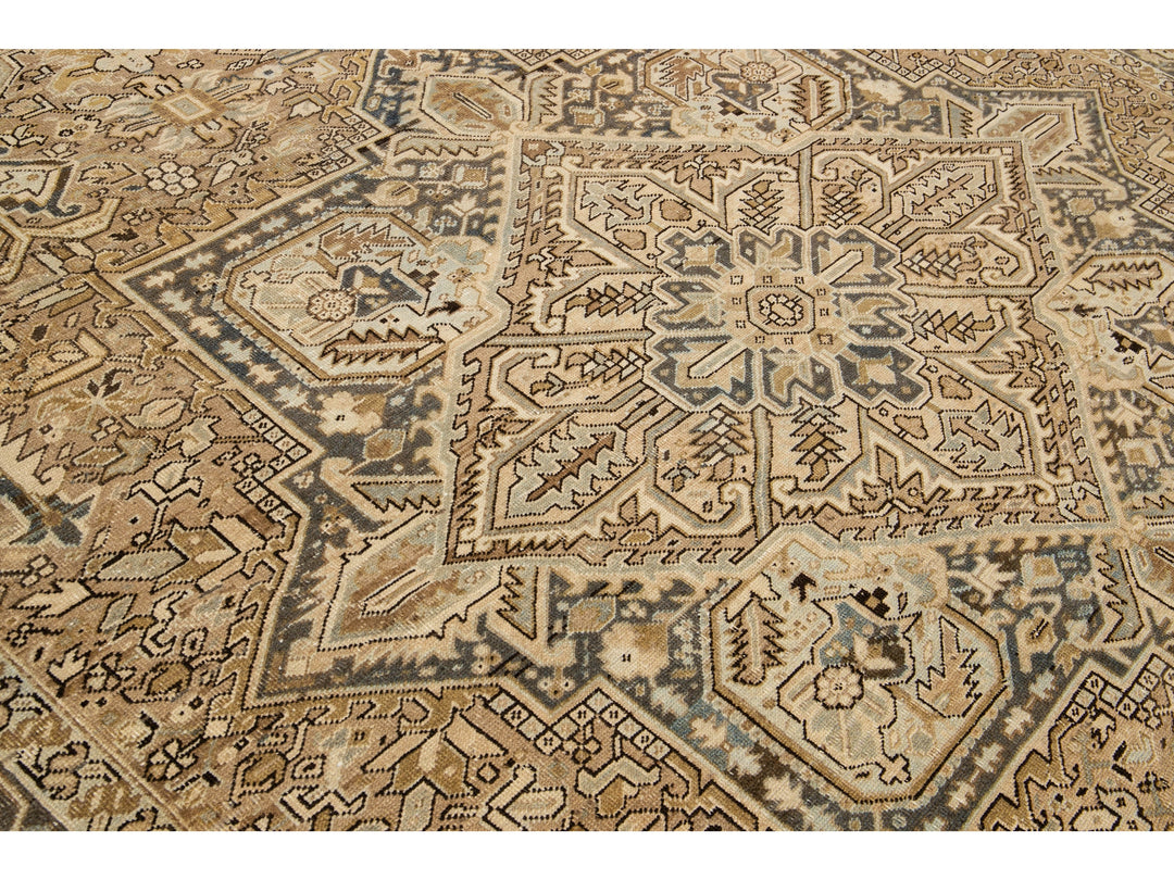 Antique Persian Heriz Handmade Geometric Beige And Blue Wool Rug