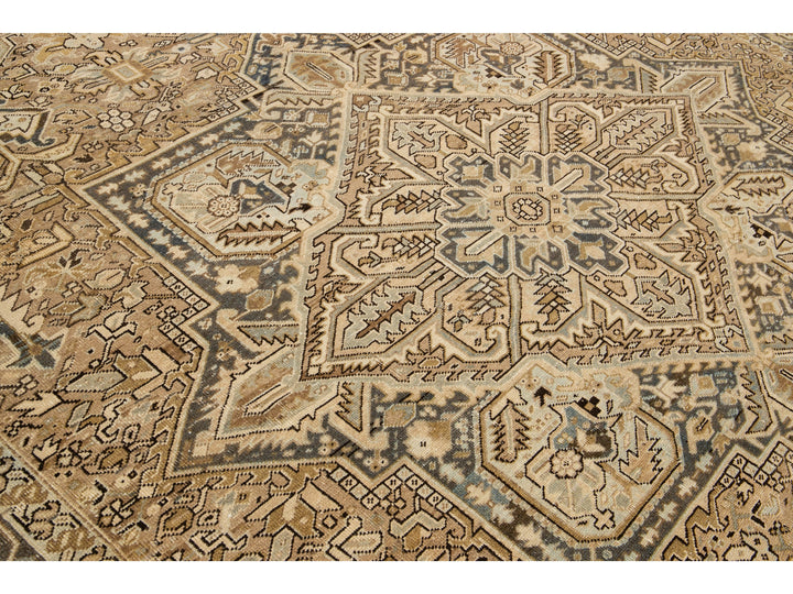 Antique Persian Heriz Handmade Geometric Beige And Blue Wool Rug