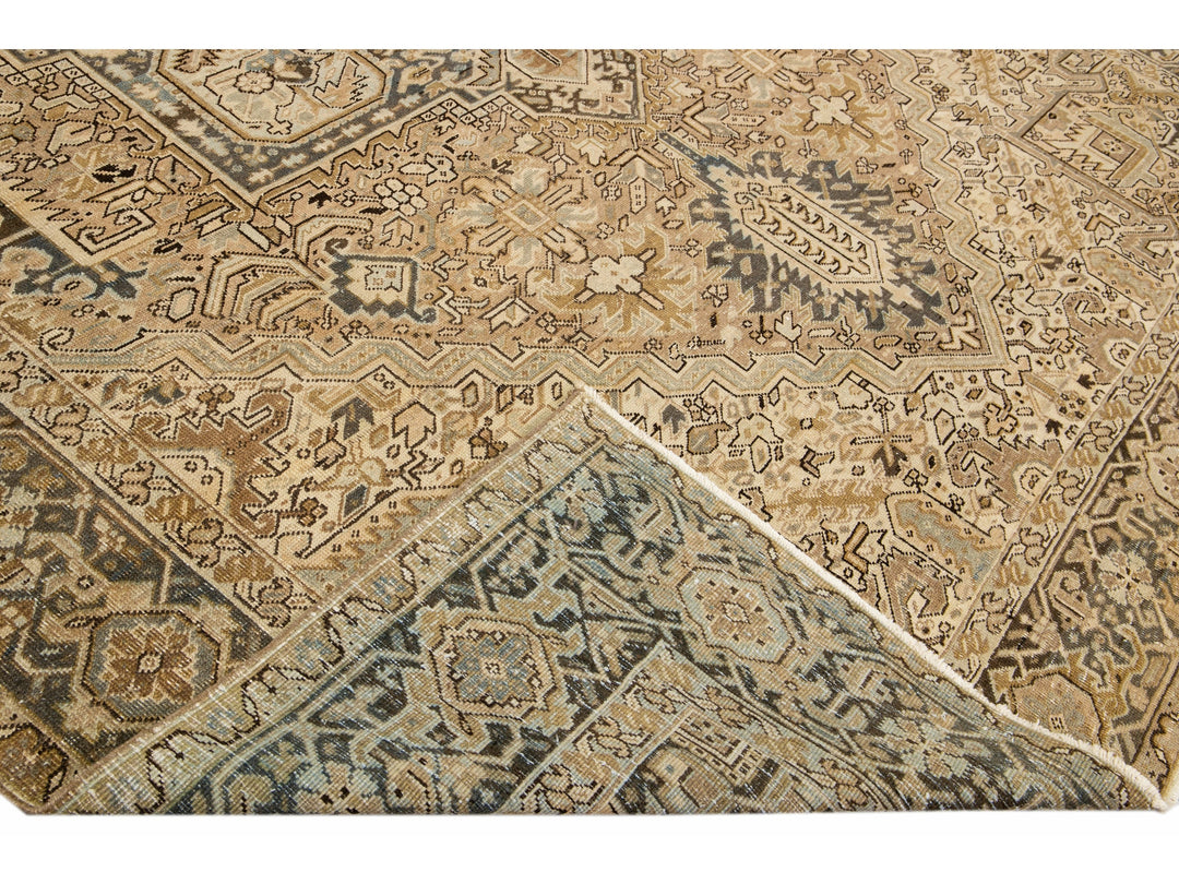Antique Persian Heriz Handmade Geometric Beige And Blue Wool Rug