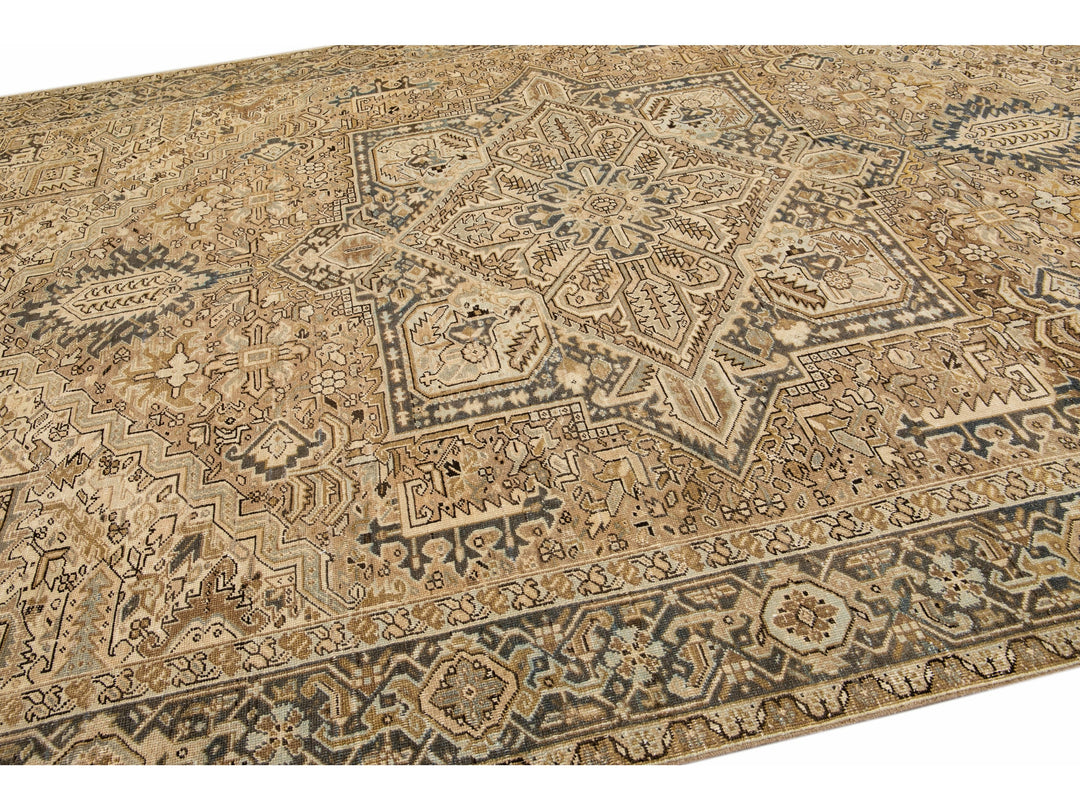Antique Persian Heriz Handmade Geometric Beige And Blue Wool Rug