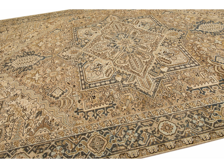 Antique Persian Heriz Handmade Geometric Beige And Blue Wool Rug