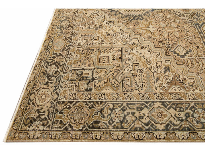Antique Persian Heriz Handmade Geometric Beige And Blue Wool Rug