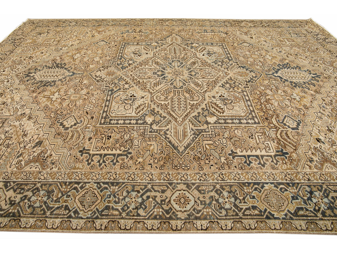 Antique Persian Heriz Handmade Geometric Beige And Blue Wool Rug