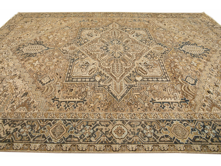 Antique Persian Heriz Handmade Geometric Beige And Blue Wool Rug