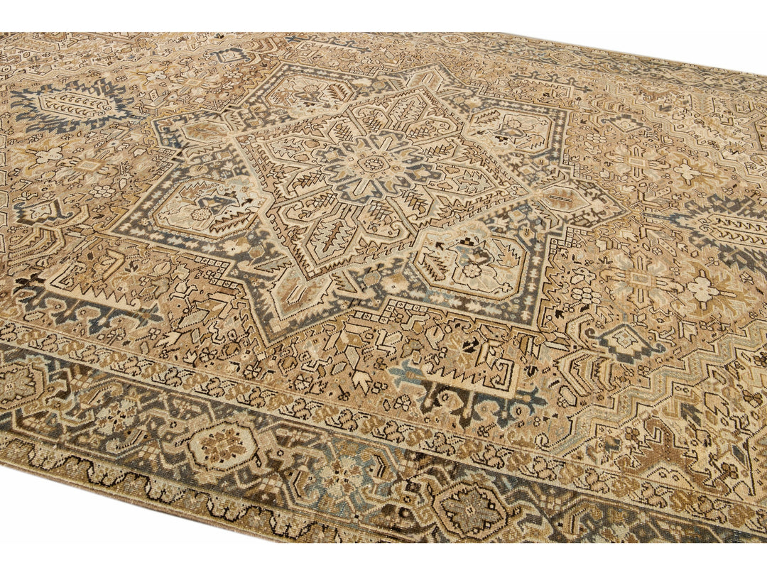 Antique Persian Heriz Handmade Geometric Beige And Blue Wool Rug