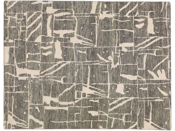 Contemporary Texture Handmade Pewter Green Designed Wool Rug