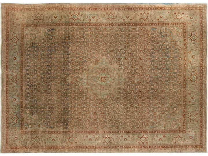 Early 20th Century Green Antique Tabriz Wool Rug 9 X 12