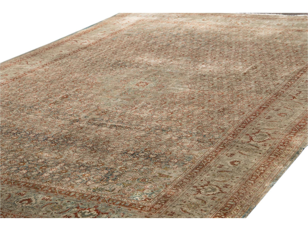 Early 20th Century Green Antique Tabriz Wool Rug 9 X 12
