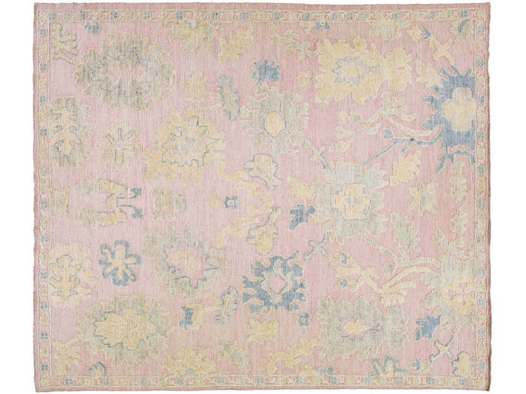 Modern Oushak Style Handmade Floral Motif Light Pink Wool Rug