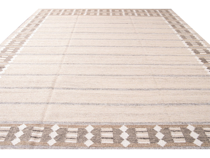 Modern Swedish Style Beige Handmade Oversize Designed Wool Rug