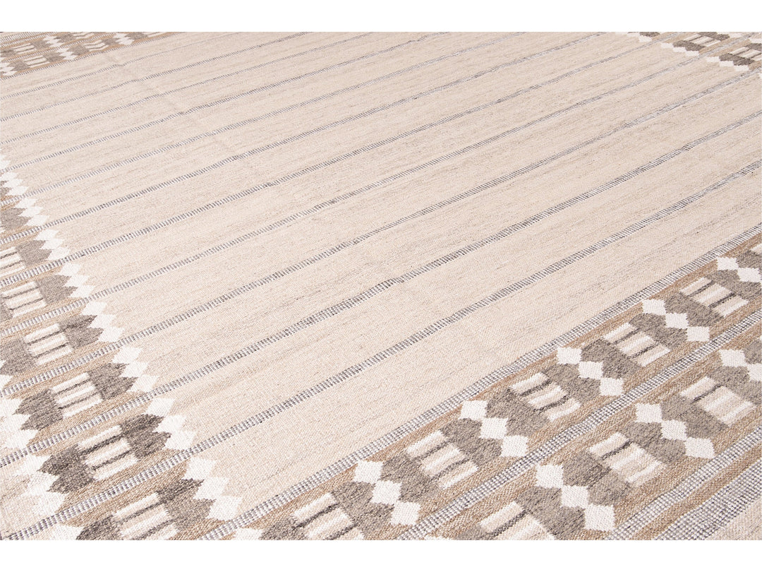 Modern Swedish Style Beige Handmade Oversize Designed Wool Rug