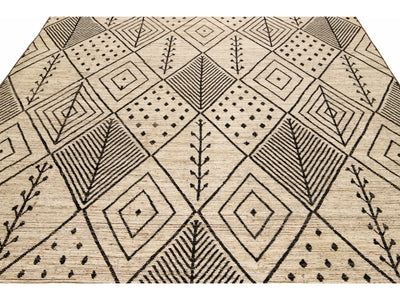 Modern Beige Moroccan Style Handmade Boho Designed Oversize Wool Rug