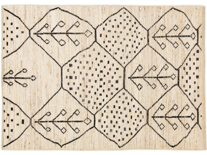 Modern Moroccan Style Handmade Geometric Motif Beige Boho Wool Rug