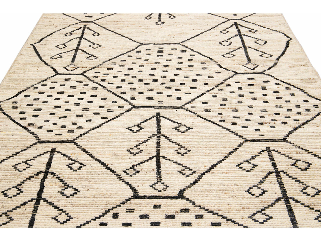 Modern Moroccan Style Handmade Geometric Motif Beige Boho Wool Rug