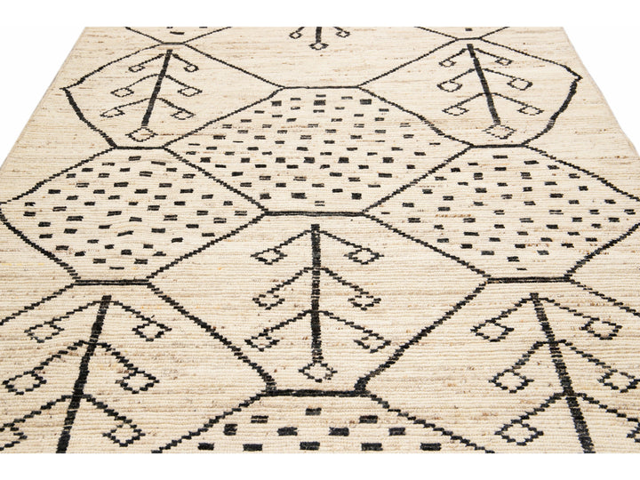 Modern Moroccan Style Handmade Geometric Motif Beige Boho Wool Rug