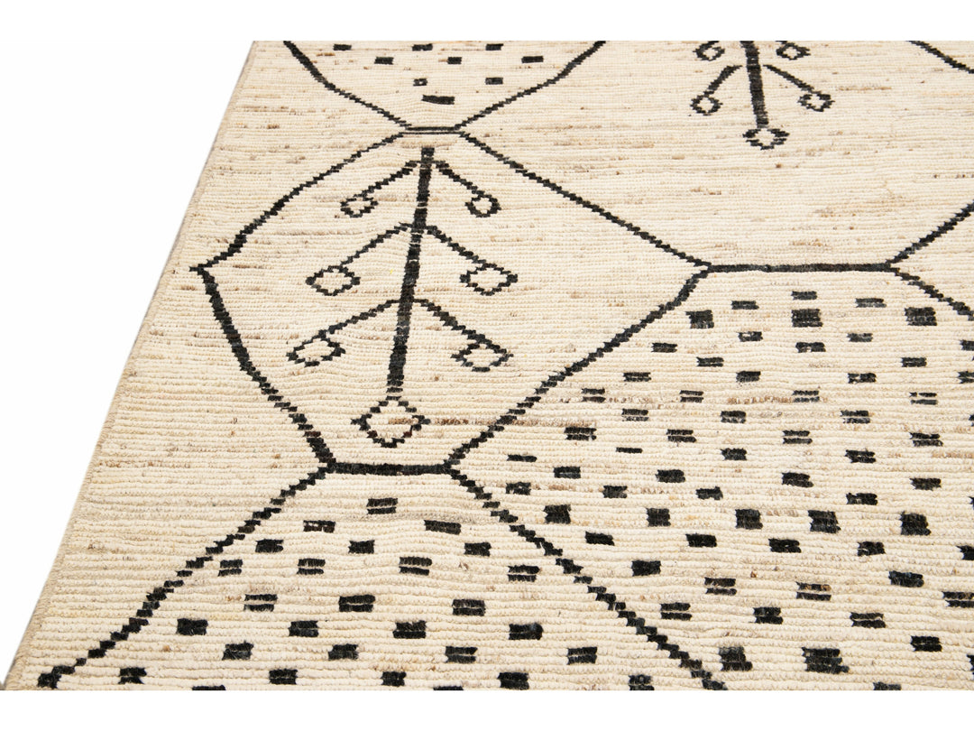 Modern Moroccan Style Handmade Geometric Motif Beige Boho Wool Rug