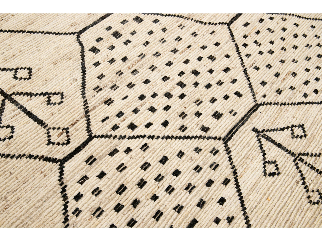 Modern Moroccan Style Handmade Geometric Motif Beige Boho Wool Rug