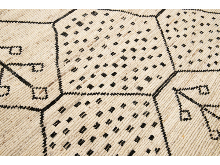 Modern Moroccan Style Handmade Geometric Motif Beige Boho Wool Rug