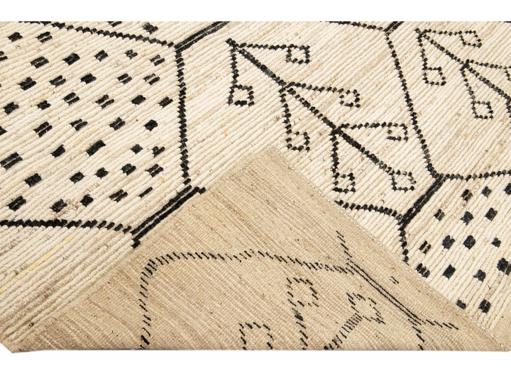 Modern Moroccan Style Handmade Geometric Motif Beige Boho Wool Rug