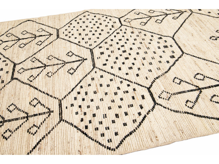 Modern Moroccan Style Handmade Geometric Motif Beige Boho Wool Rug