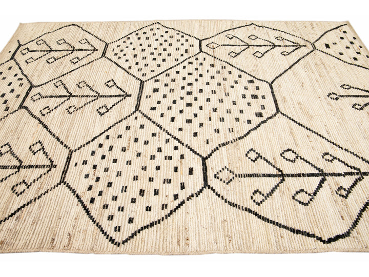 Modern Moroccan Style Handmade Geometric Motif Beige Boho Wool Rug
