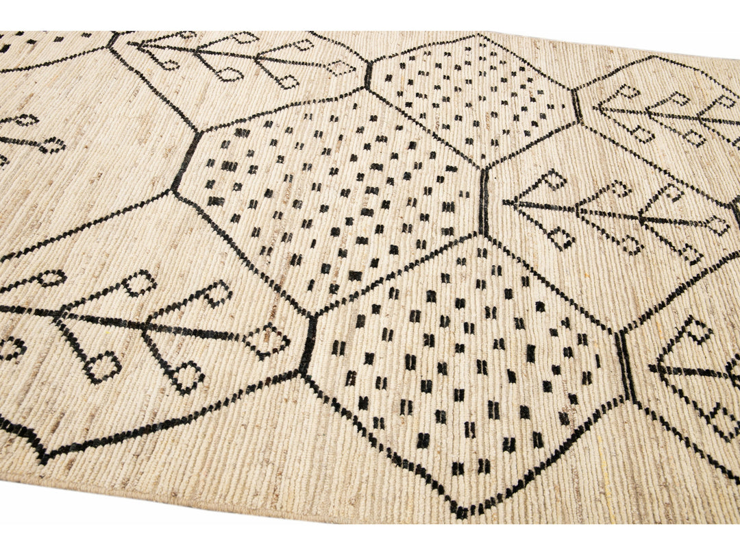 Modern Moroccan Style Handmade Geometric Motif Beige Boho Wool Rug