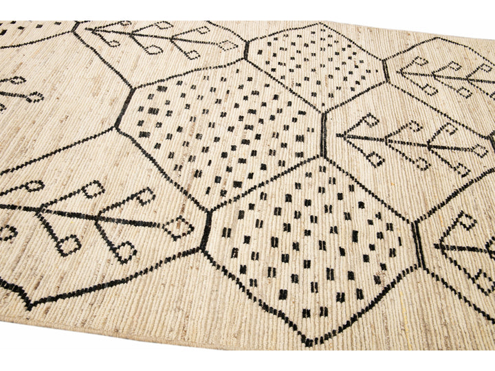 Modern Moroccan Style Handmade Geometric Motif Beige Boho Wool Rug