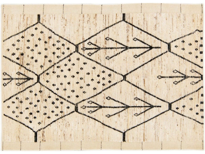 Modern Moroccan Style Handmade Geometric Pattern Beige Boho Wool Rug