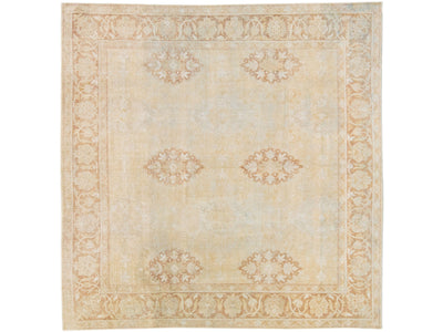 Beige Antique Indian Agra Handmade Square Wool Rug With Allover Motif