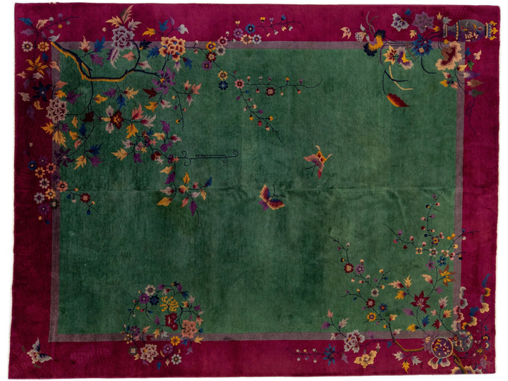 Green Chinese Art Deco Handmade Wool Rug with Floral Design