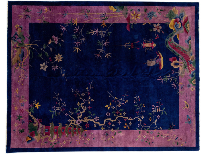 Antique Chinese Art Deco Handmade Blue Wool Rug with Floral Motif