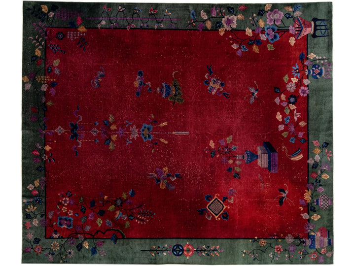 20th Century Antique Art Deco Red & Green Handmade Chinese Wool Rug