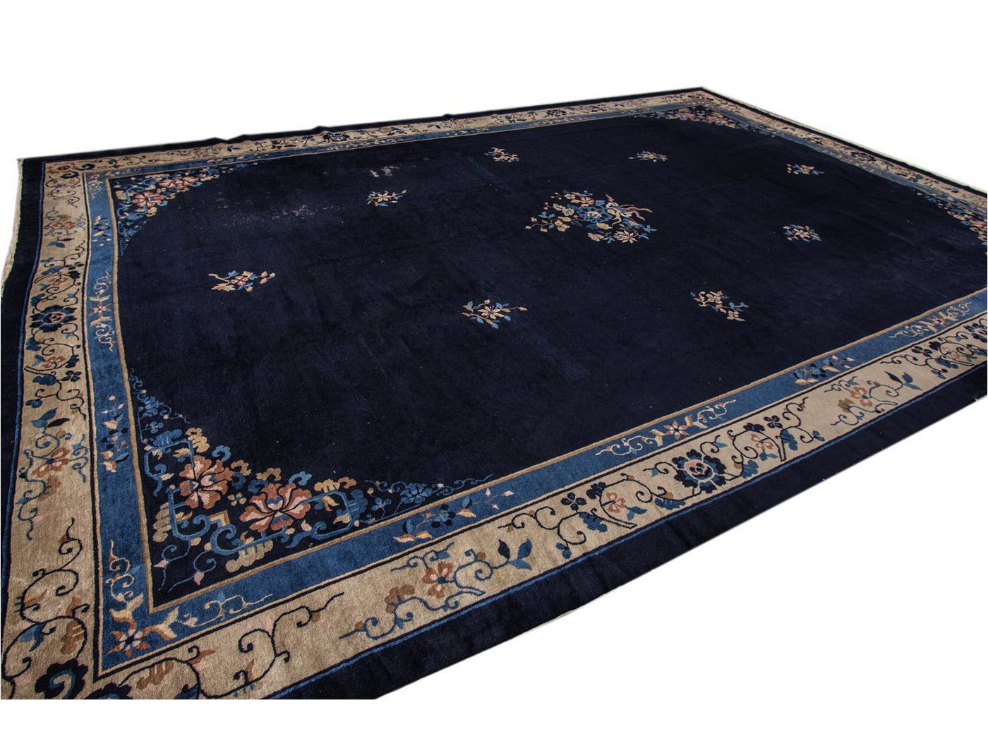 Antique Blue Chinese Art Deco Wool Rug 12 X 17