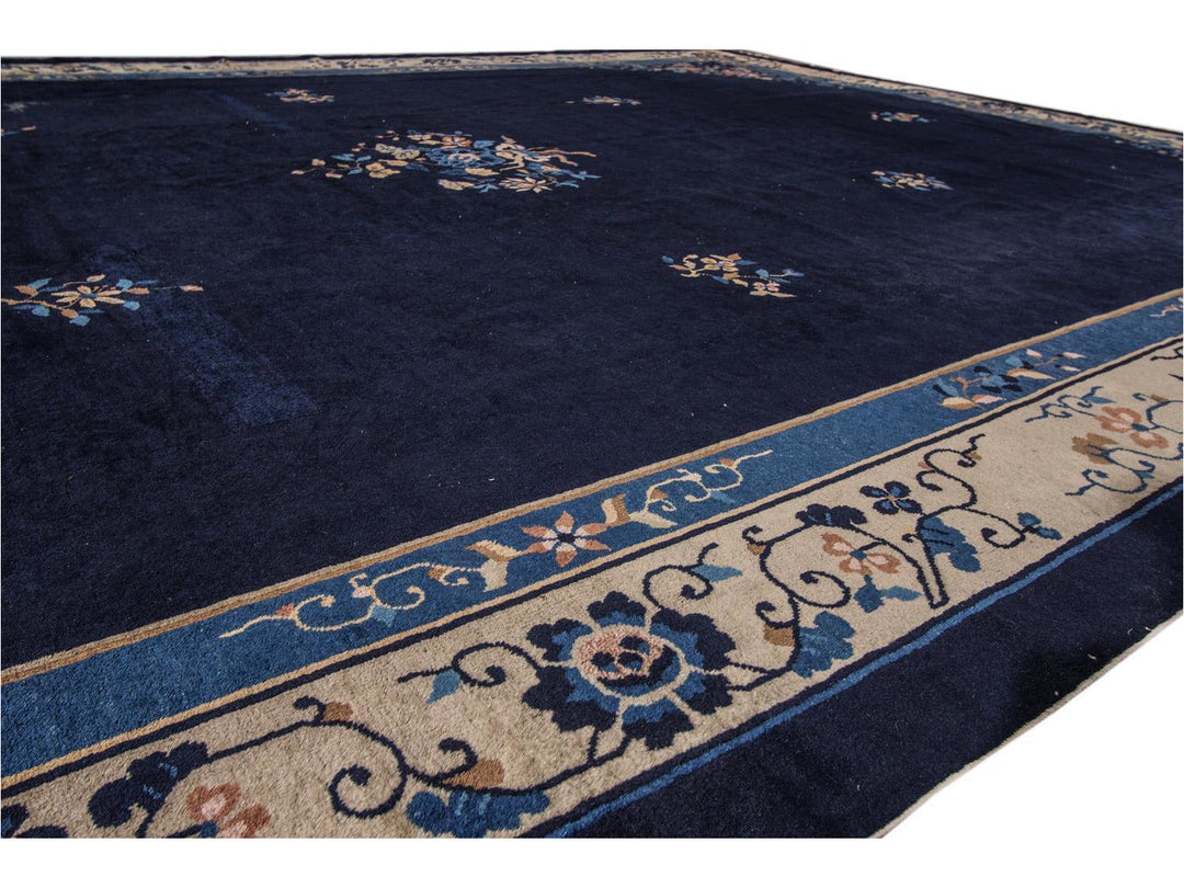 Antique Blue Chinese Art Deco Wool Rug 12 X 17