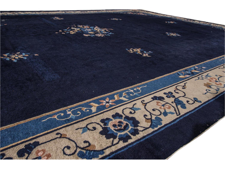 Antique Blue Chinese Art Deco Wool Rug 12 X 17