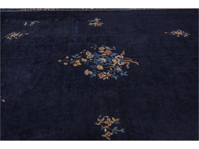 Antique Blue Chinese Art Deco Wool Rug 12 X 17