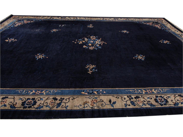 Antique Blue Chinese Art Deco Wool Rug 12 X 17
