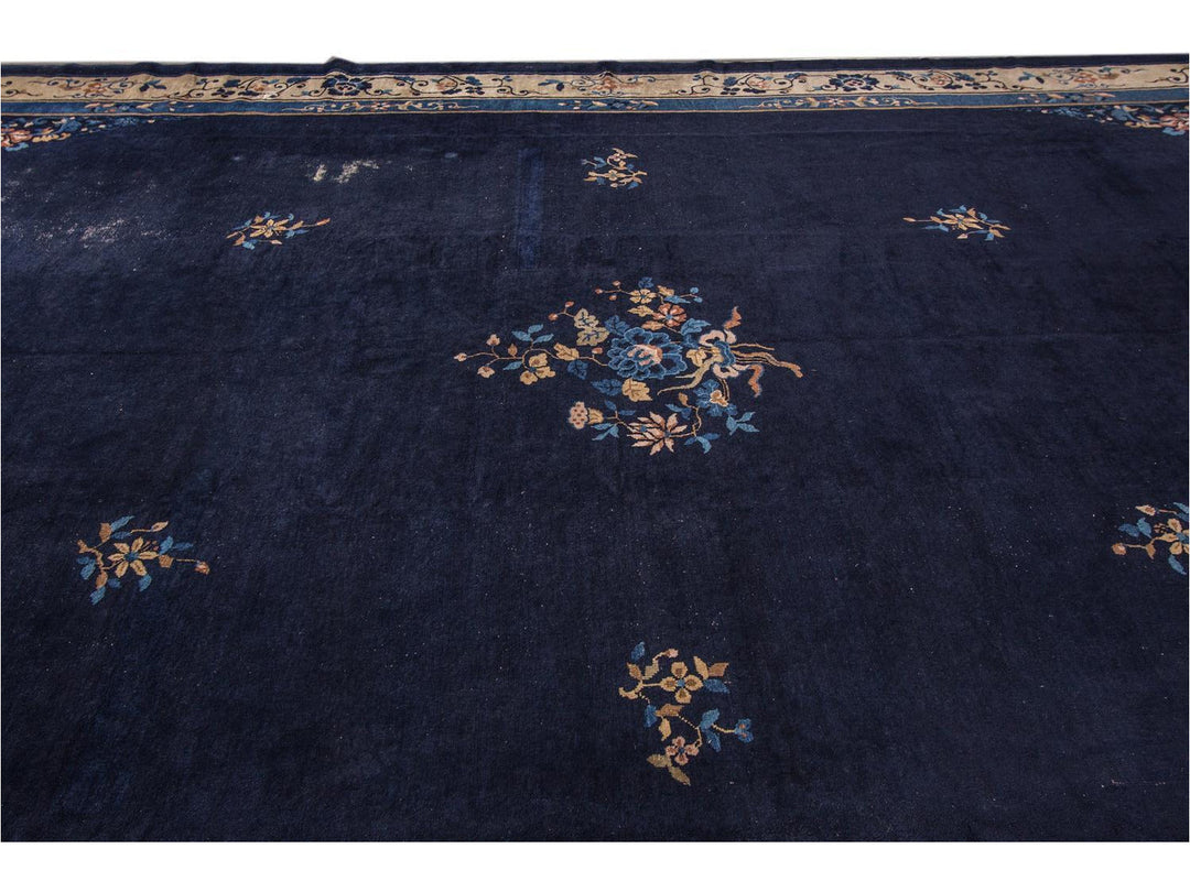 Antique Blue Chinese Art Deco Wool Rug 12 X 17